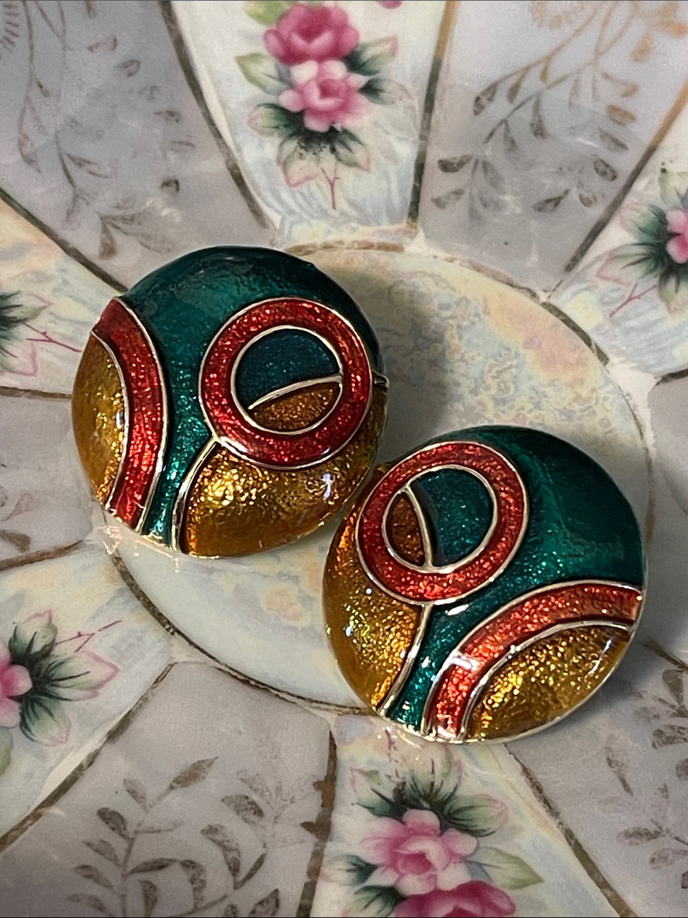 1980’s Geometric Design Colorful Metallic Enamel Pierced Earrings